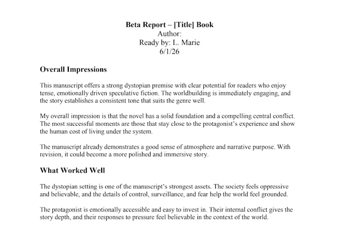 beta read your novel and provide detailed, honest reader feedback